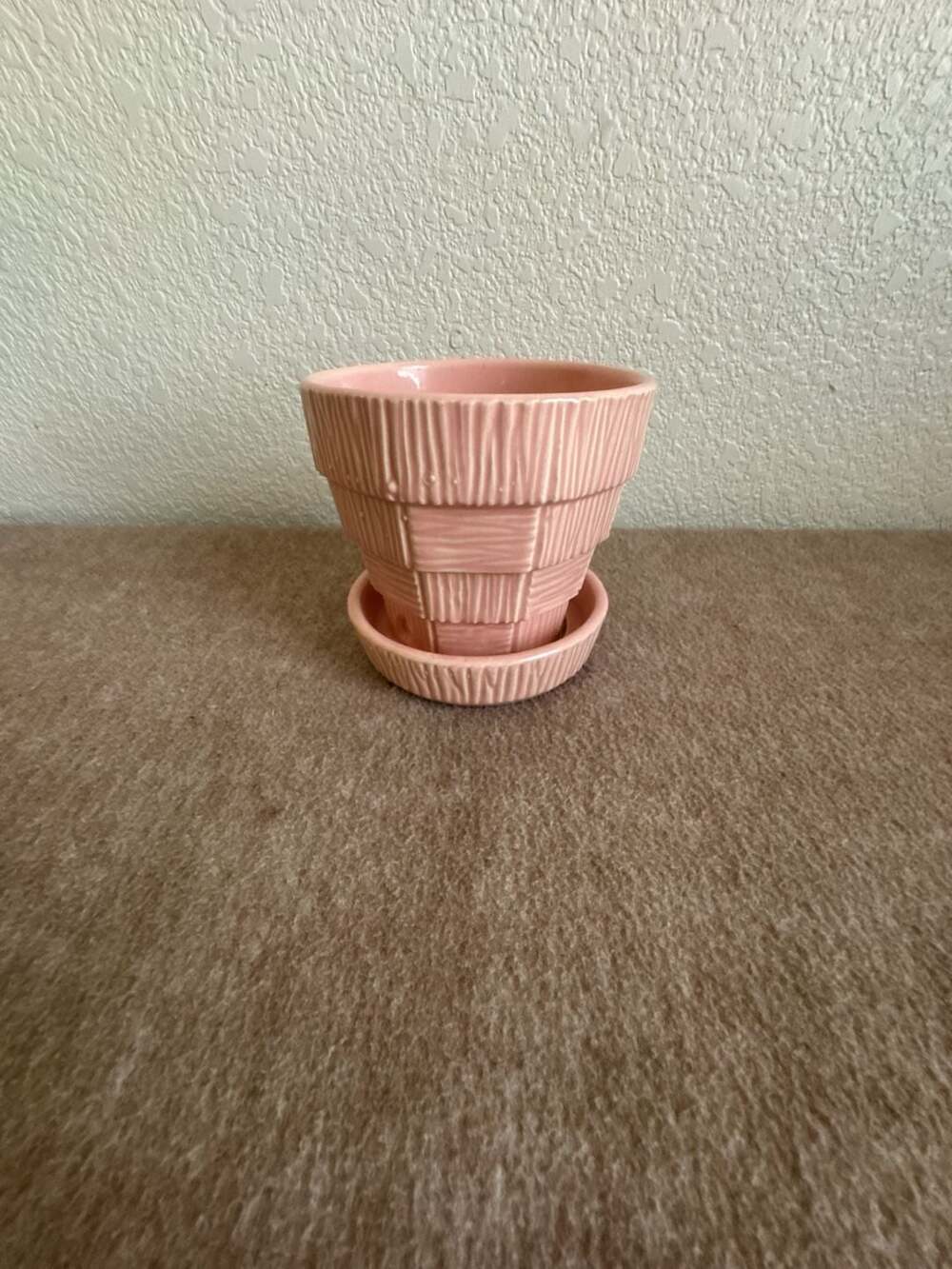 McCoy Basket Weave Planter Pink Ceramic Flower Pot with Saucer